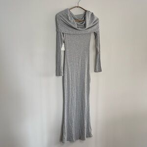 Aritzia The Group Gray Ribbed Long Sleeve Off-Shoulder Maxi Dress